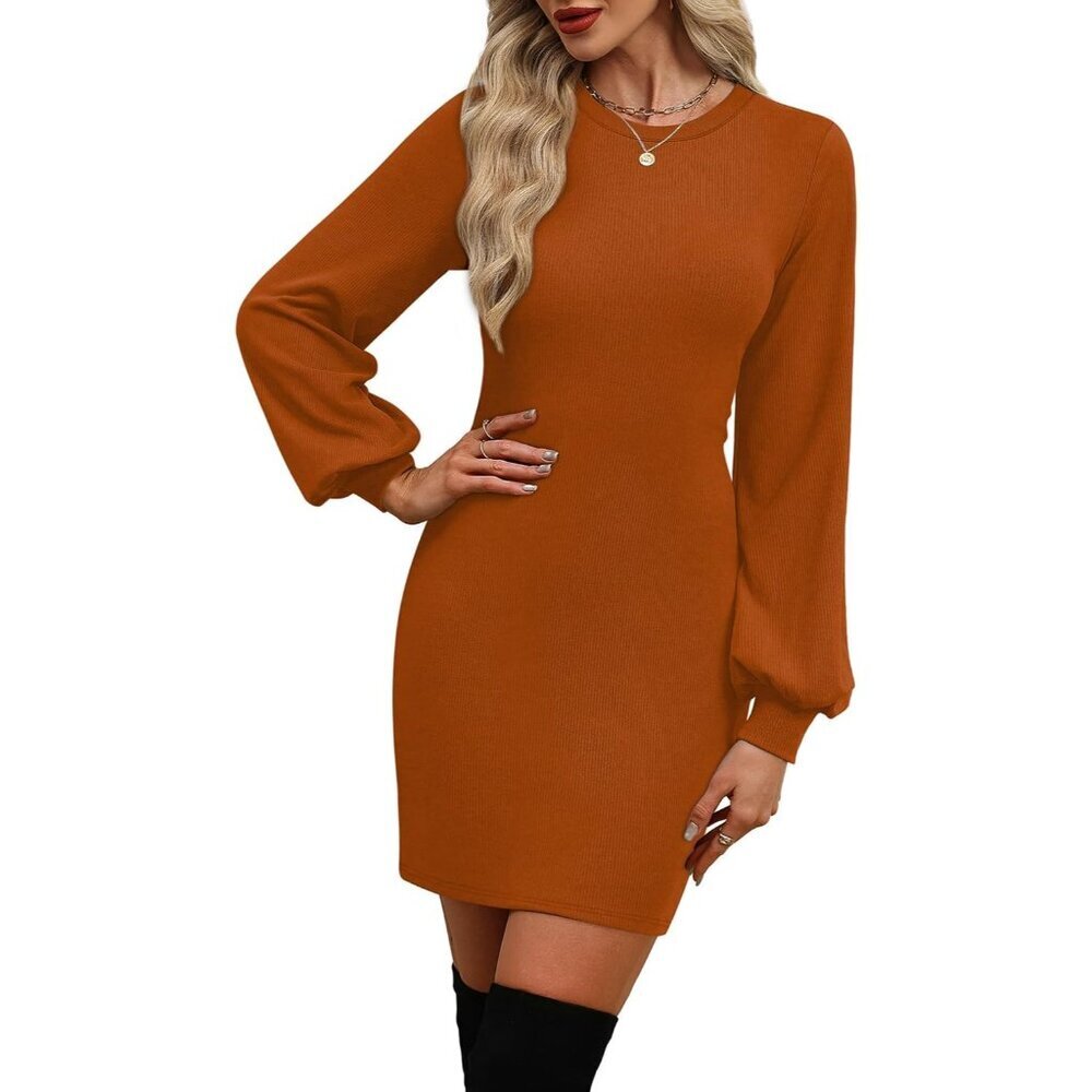Ofeefan Women Caramel Puff Long Sleeve Crewneck Bodycon Ribbed Sweater Dress - Picture 3 of 5